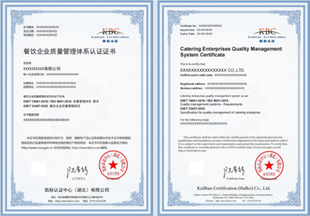 餐饮企业质量管理体系认证证书